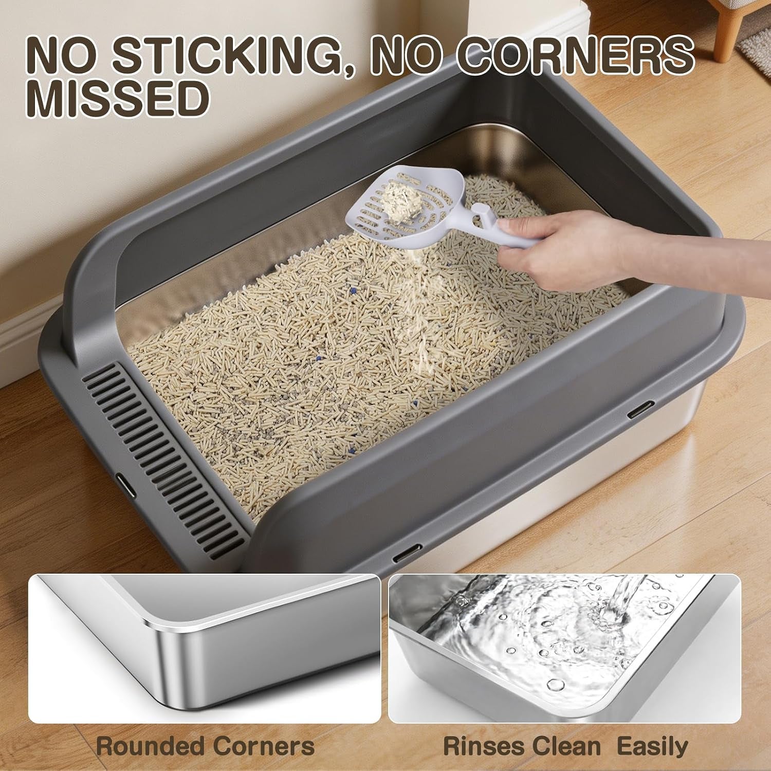 XL Stainless Steel Cat Litter Tray, Extra Large Litter Tray - 60X40X17 Cm | XL Litter Tray for Big Cats, High-Sided, Non-Stick Surface, Includes Litter Scoop