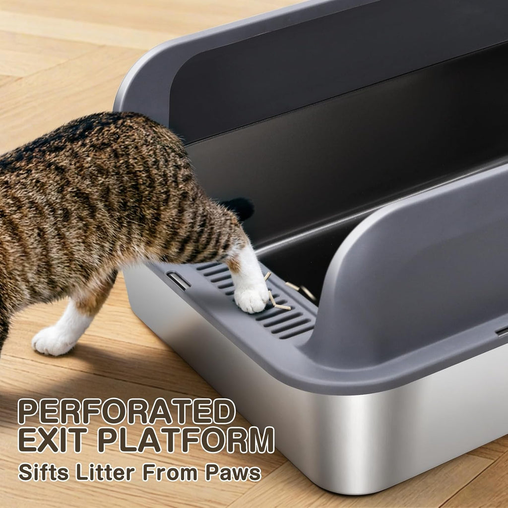 XL Stainless Steel Cat Litter Tray, Extra Large Litter Tray - 60X40X17 Cm | XL Litter Tray for Big Cats, High-Sided, Non-Stick Surface, Includes Litter Scoop