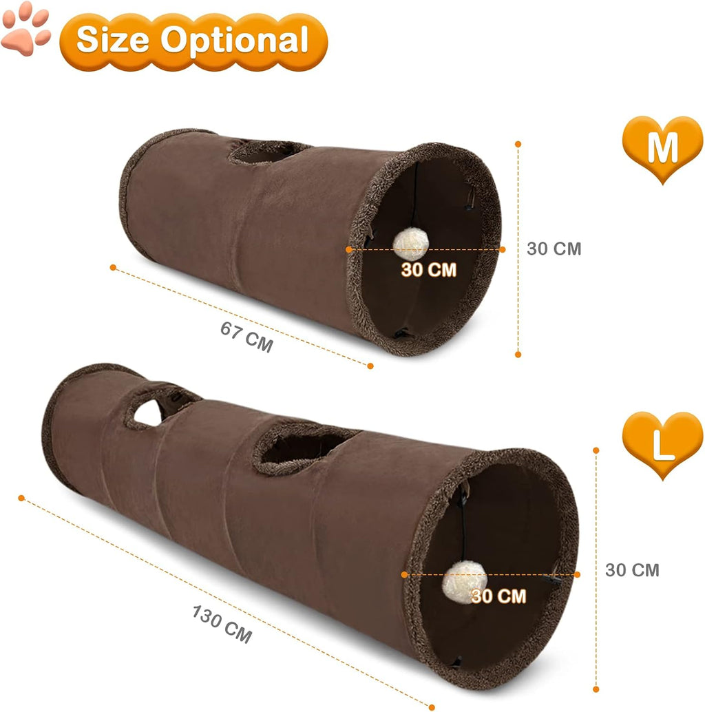 Cat Tunnel Toy Kitten Play Tube Collapsible Durable Suede Cats Tunnel Toys with Hanging Plush Ball for Cats Kittens Rabbit Guinea Pig Brown