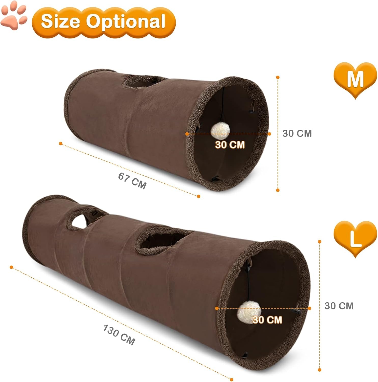 Cat Tunnel Toy Kitten Play Tube Collapsible Durable Suede Cats Tunnel Toys with Hanging Plush Ball for Cats Kittens Rabbit Guinea Pig Brown
