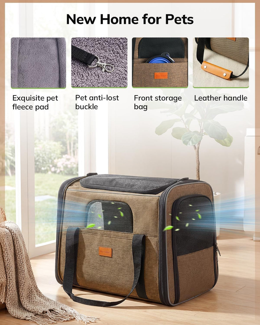 Cat Carrier - Airline Approved, Top Opening Portable Dog Bag with Breathable Mesh/Removable Mat, Adjustable Shoulder Strap & Bowl, Foldable Travel Cage, M, Brown (Max 7Kg)