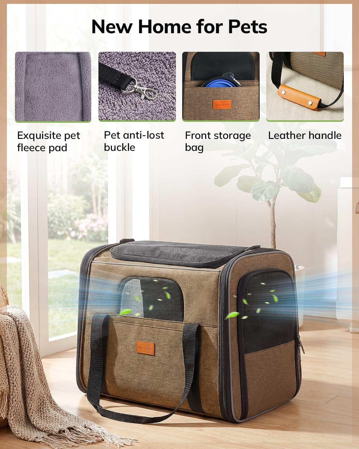 Cat Carrier - Airline Approved, Top Opening Portable Dog Bag with Breathable Mesh/Removable Mat, Adjustable Shoulder Strap & Bowl, Foldable Travel Cage, M, Brown (Max 7Kg)