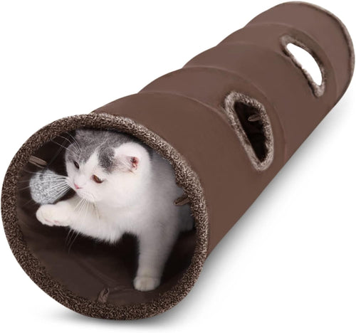 Cat Tunnel Toy Kitten Play Tube Collapsible Durable Suede Cats Tunnel Toys with Hanging Plush Ball for Cats Kittens Rabbit Guinea Pig Brown