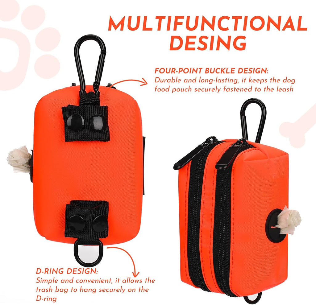 Small Dog Treat Bags, Dog Treat Pouch with Double-Zip Pocket and Four-Button Closure, Waterproof Durable Treats Pouch with 1 Roll of Dog Waste Bags（Orange）