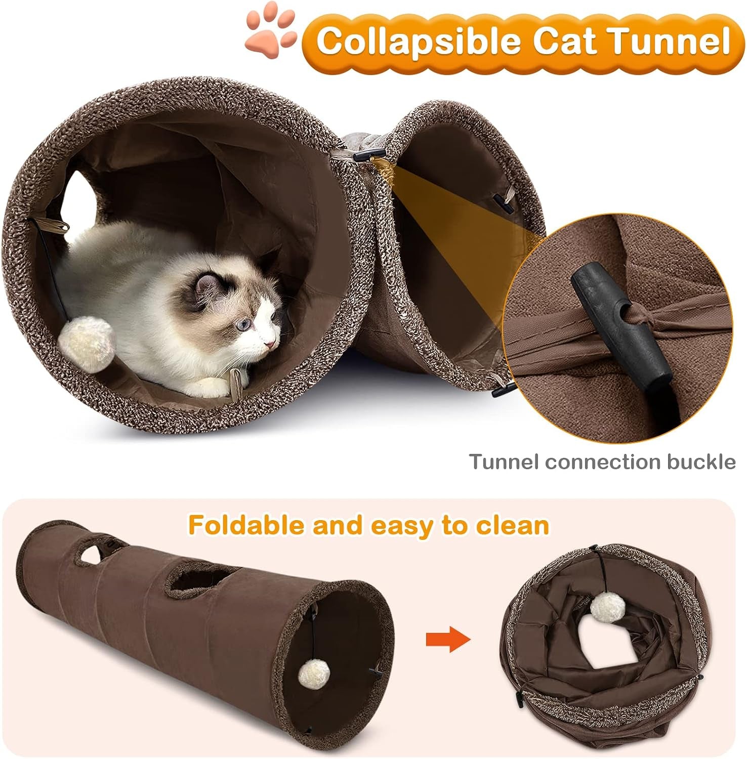 Cat Tunnel Toy Kitten Play Tube Collapsible Durable Suede Cats Tunnel Toys with Hanging Plush Ball for Cats Kittens Rabbit Guinea Pig Brown