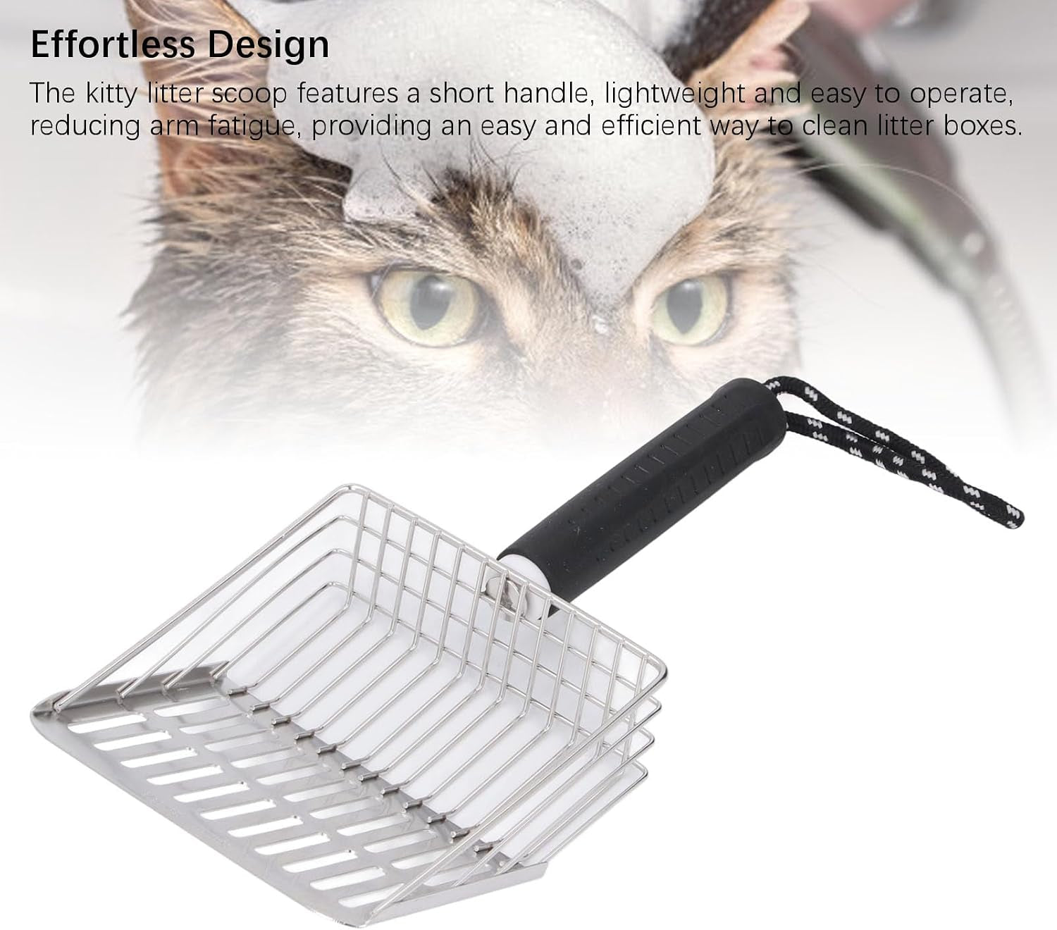 304 Stainless Steel Cat Litter Scoop | Removable Handle & Quick Filtration | Litter Box Scooper for Cats/Gardening/Beach | Sturdy & Non - Tarnishing (Black)