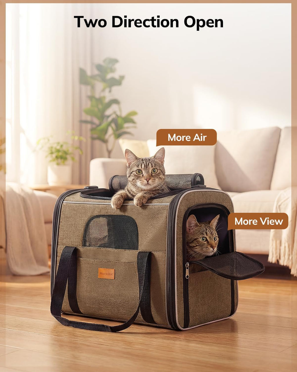 Cat Carrier - Airline Approved, Top Opening Portable Dog Bag with Breathable Mesh/Removable Mat, Adjustable Shoulder Strap & Bowl, Foldable Travel Cage, M, Brown (Max 7Kg)