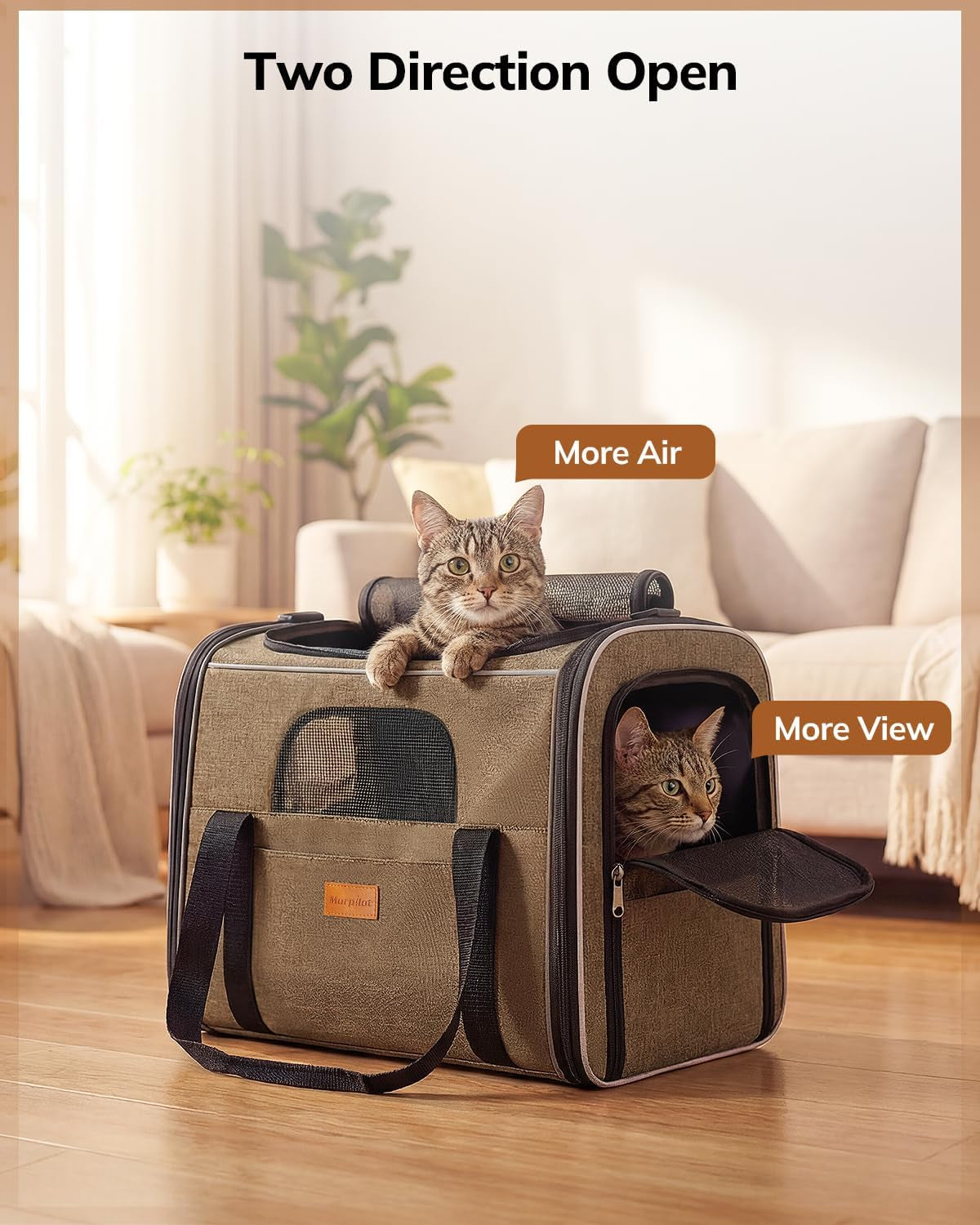 Cat Carrier - Airline Approved, Top Opening Portable Dog Bag with Breathable Mesh/Removable Mat, Adjustable Shoulder Strap & Bowl, Foldable Travel Cage, M, Brown (Max 7Kg)