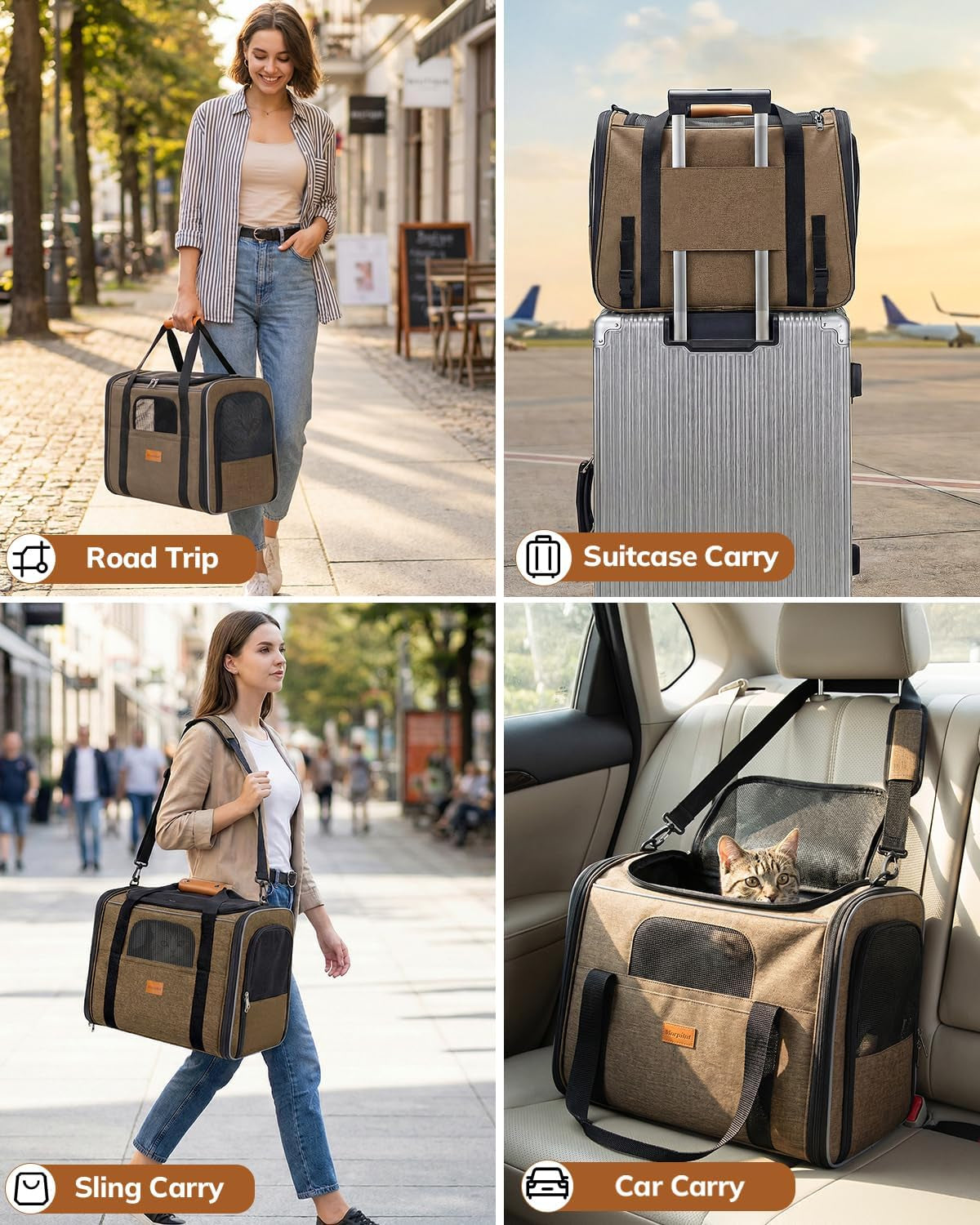 Cat Carrier - Airline Approved, Top Opening Portable Dog Bag with Breathable Mesh/Removable Mat, Adjustable Shoulder Strap & Bowl, Foldable Travel Cage, M, Brown (Max 7Kg)