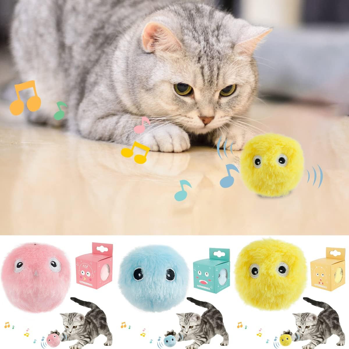Interactive Cat Ball Toy, Interactive Indoor Cat Toy with Bird Calls, Frogs and Crickets, Plush Balls for Cats Hunting (3Pcs)