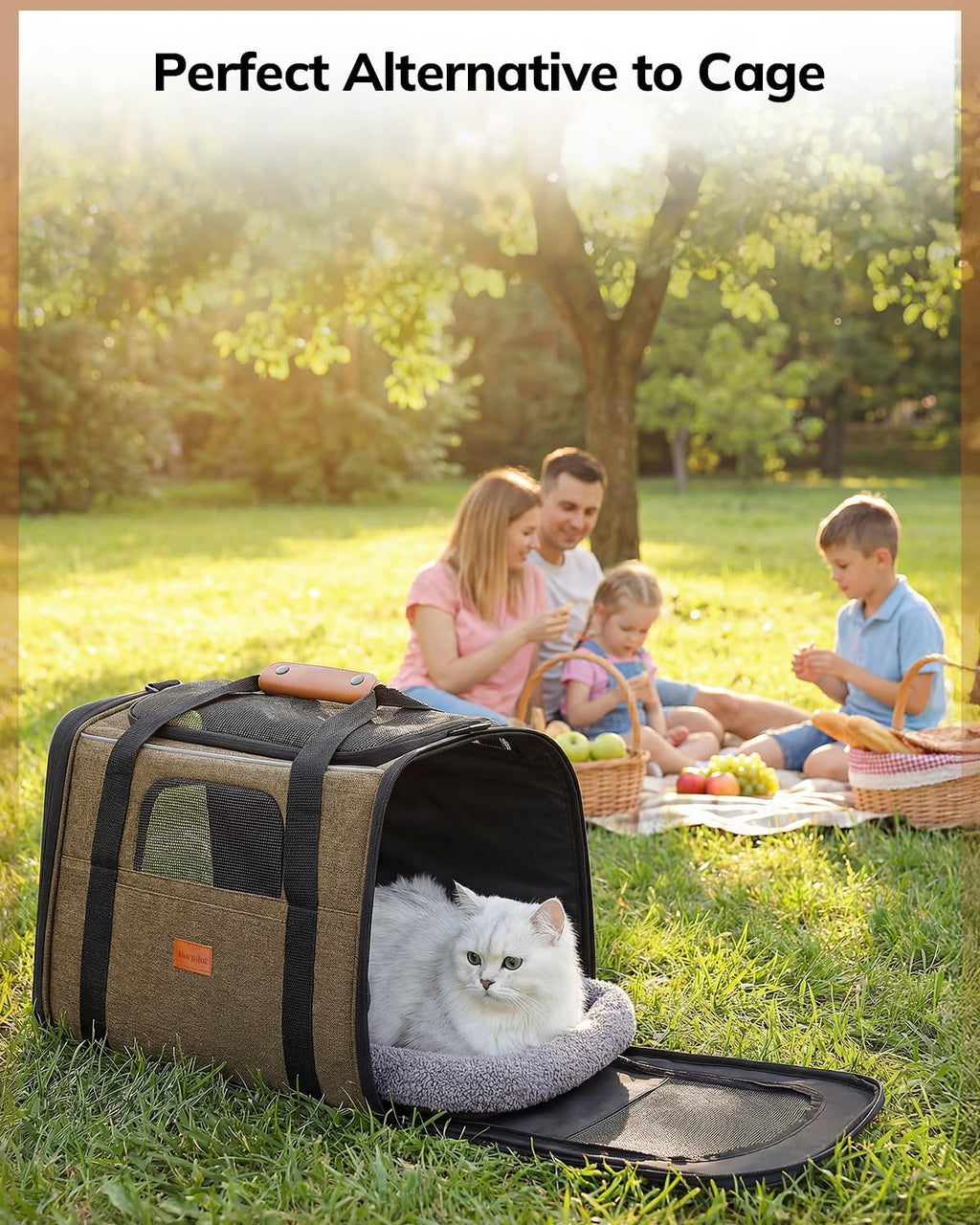 Cat Carrier - Airline Approved, Top Opening Portable Dog Bag with Breathable Mesh/Removable Mat, Adjustable Shoulder Strap & Bowl, Foldable Travel Cage, M, Brown (Max 7Kg)