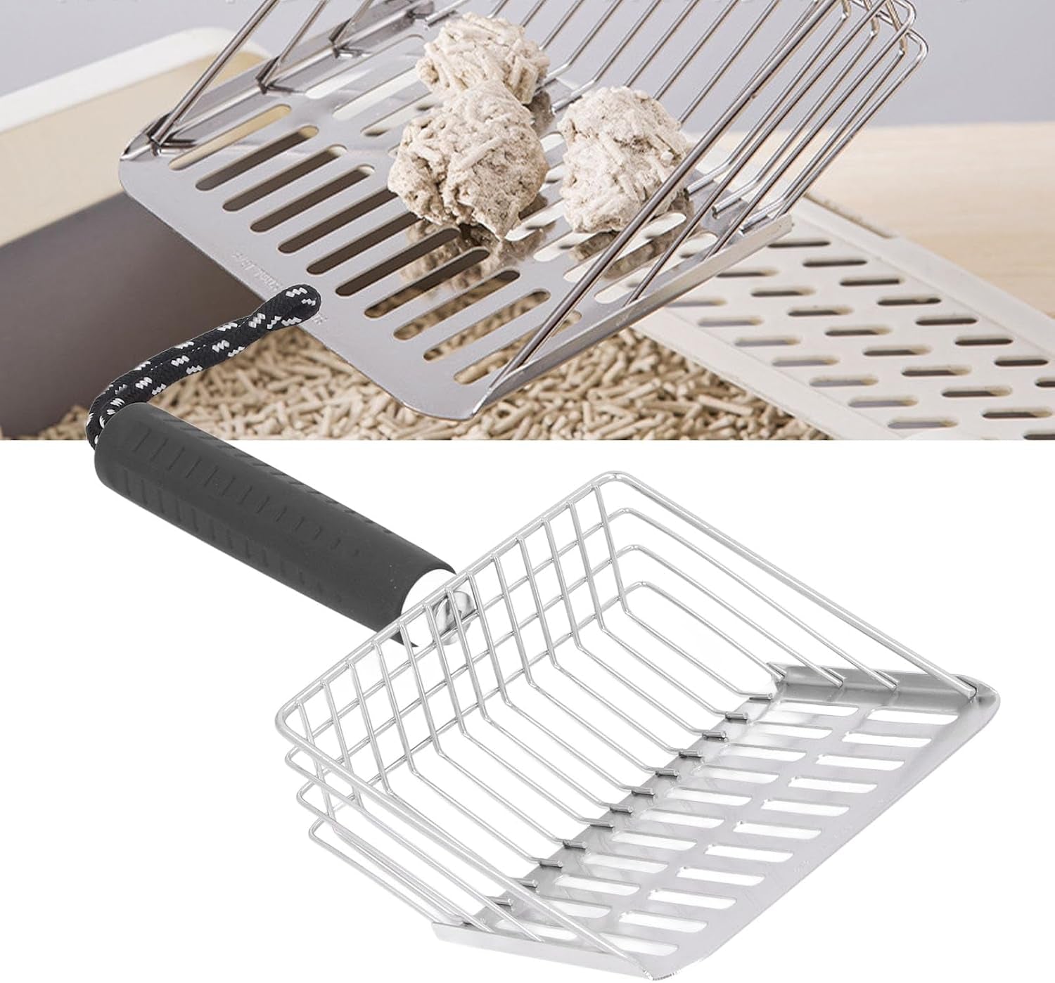 304 Stainless Steel Cat Litter Scoop | Removable Handle & Quick Filtration | Litter Box Scooper for Cats/Gardening/Beach | Sturdy & Non - Tarnishing (Black)