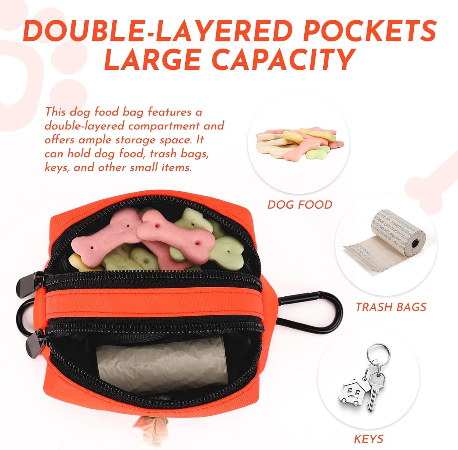 Small Dog Treat Bags, Dog Treat Pouch with Double-Zip Pocket and Four-Button Closure, Waterproof Durable Treats Pouch with 1 Roll of Dog Waste Bags（Orange）