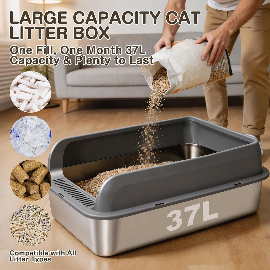XL Stainless Steel Cat Litter Tray, Extra Large Litter Tray - 60X40X17 Cm | XL Litter Tray for Big Cats, High-Sided, Non-Stick Surface, Includes Litter Scoop