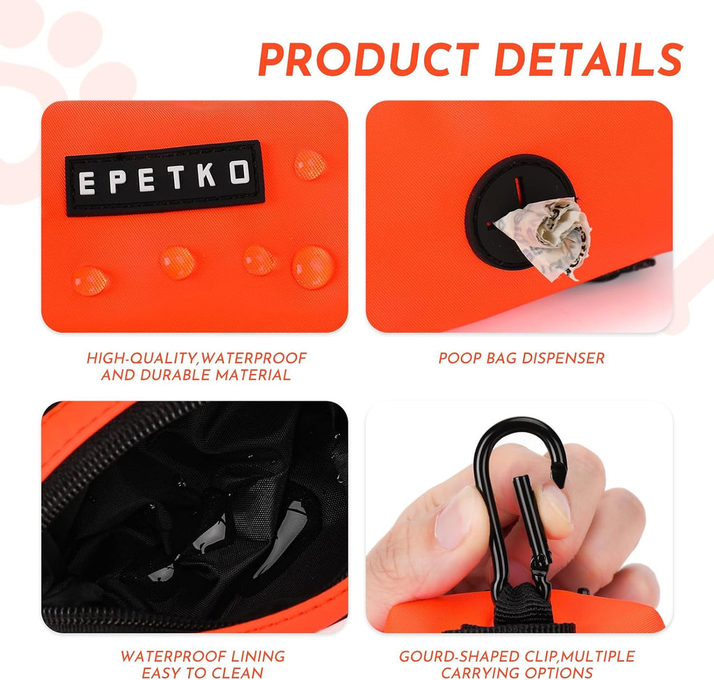 Small Dog Treat Bags, Dog Treat Pouch with Double-Zip Pocket and Four-Button Closure, Waterproof Durable Treats Pouch with 1 Roll of Dog Waste Bags（Orange）