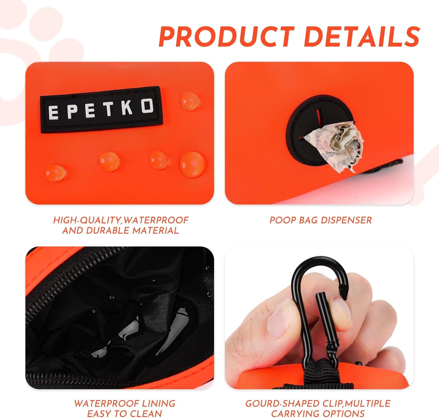 Small Dog Treat Bags, Dog Treat Pouch with Double-Zip Pocket and Four-Button Closure, Waterproof Durable Treats Pouch with 1 Roll of Dog Waste Bags（Orange）