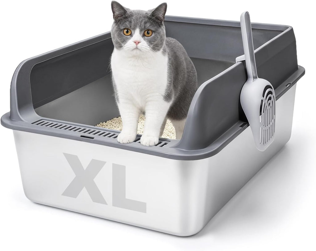 XL Stainless Steel Cat Litter Tray, Extra Large Litter Tray - 60X40X17 Cm | XL Litter Tray for Big Cats, High-Sided, Non-Stick Surface, Includes Litter Scoop