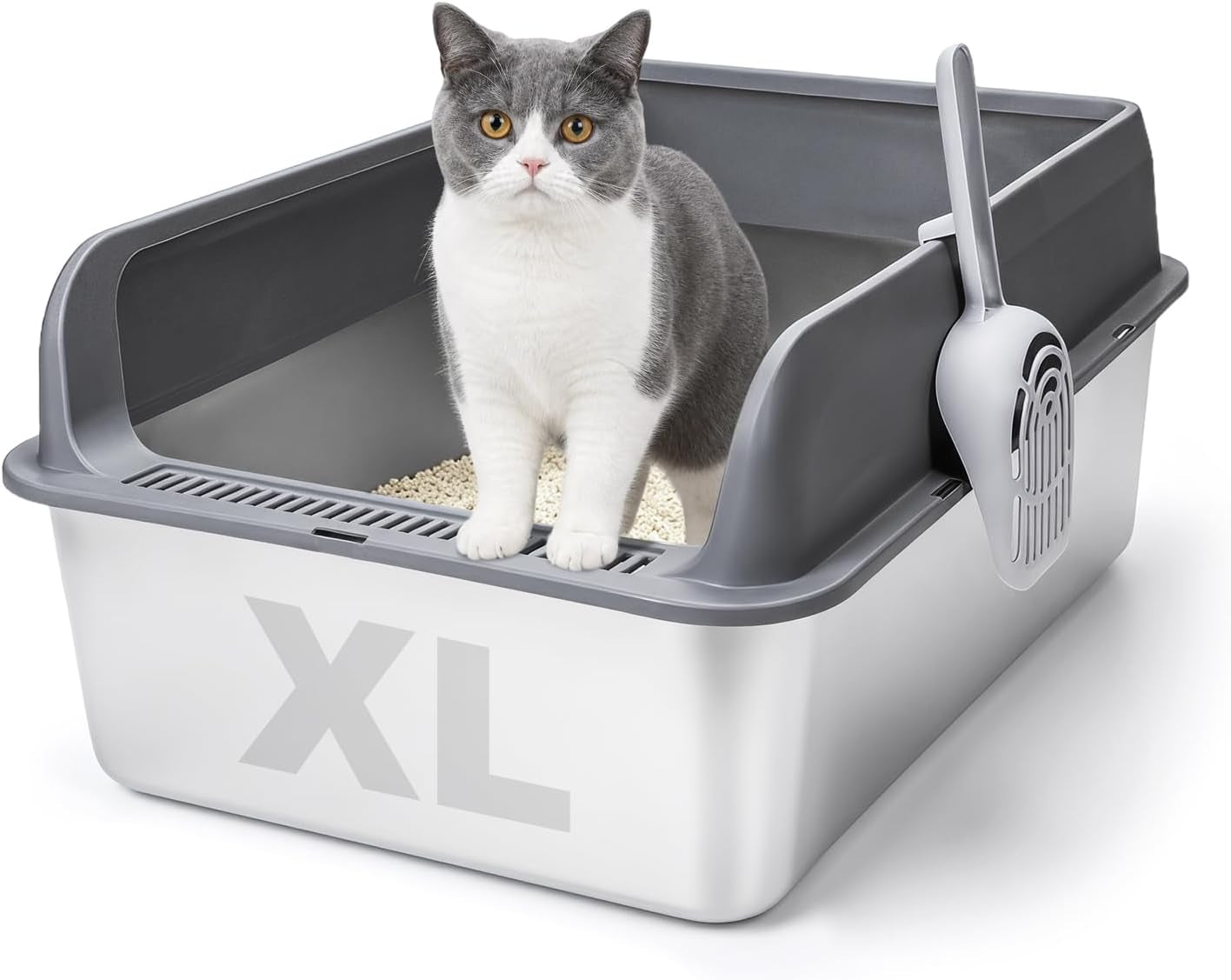 XL Stainless Steel Cat Litter Tray, Extra Large Litter Tray - 60X40X17 Cm | XL Litter Tray for Big Cats, High-Sided, Non-Stick Surface, Includes Litter Scoop