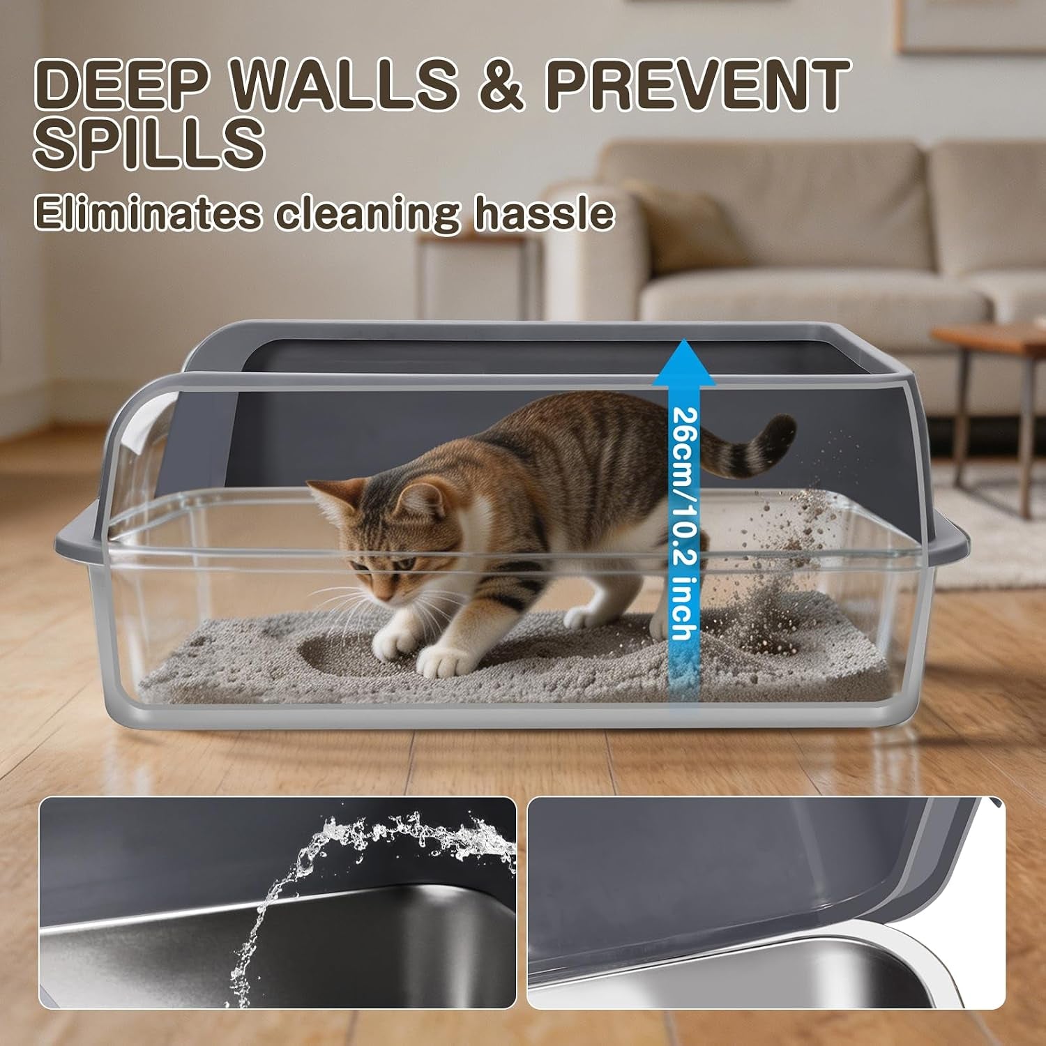 XL Stainless Steel Cat Litter Tray, Extra Large Litter Tray - 60X40X17 Cm | XL Litter Tray for Big Cats, High-Sided, Non-Stick Surface, Includes Litter Scoop