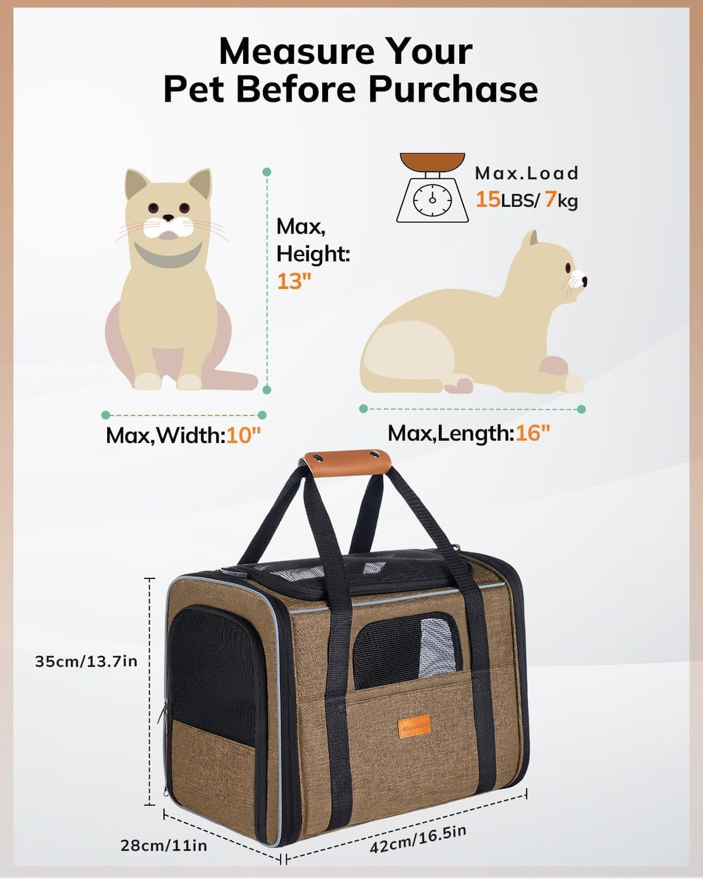Cat Carrier - Airline Approved, Top Opening Portable Dog Bag with Breathable Mesh/Removable Mat, Adjustable Shoulder Strap & Bowl, Foldable Travel Cage, M, Brown (Max 7Kg)