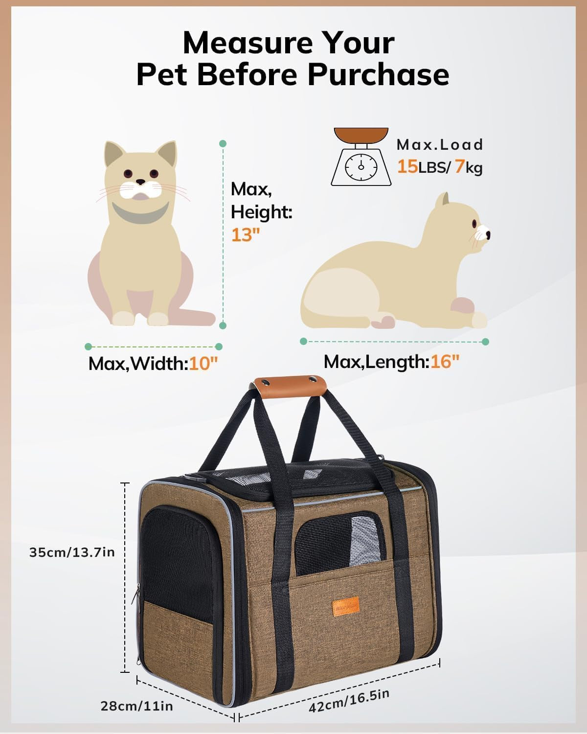 Cat Carrier - Airline Approved, Top Opening Portable Dog Bag with Breathable Mesh/Removable Mat, Adjustable Shoulder Strap & Bowl, Foldable Travel Cage, M, Brown (Max 7Kg)