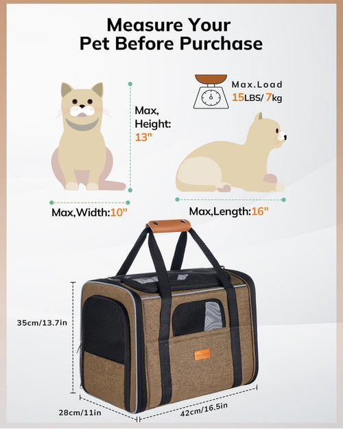Cat Carrier - Airline Approved, Top Opening Portable Dog Bag with Breathable Mesh/Removable Mat, Adjustable Shoulder Strap & Bowl, Foldable Travel Cage, M, Brown (Max 7Kg)
