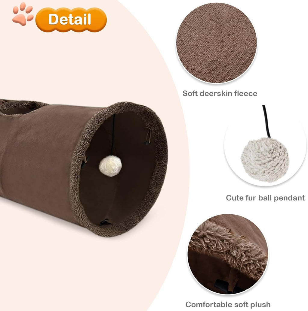 Cat Tunnel Toy Kitten Play Tube Collapsible Durable Suede Cats Tunnel Toys with Hanging Plush Ball for Cats Kittens Rabbit Guinea Pig Brown