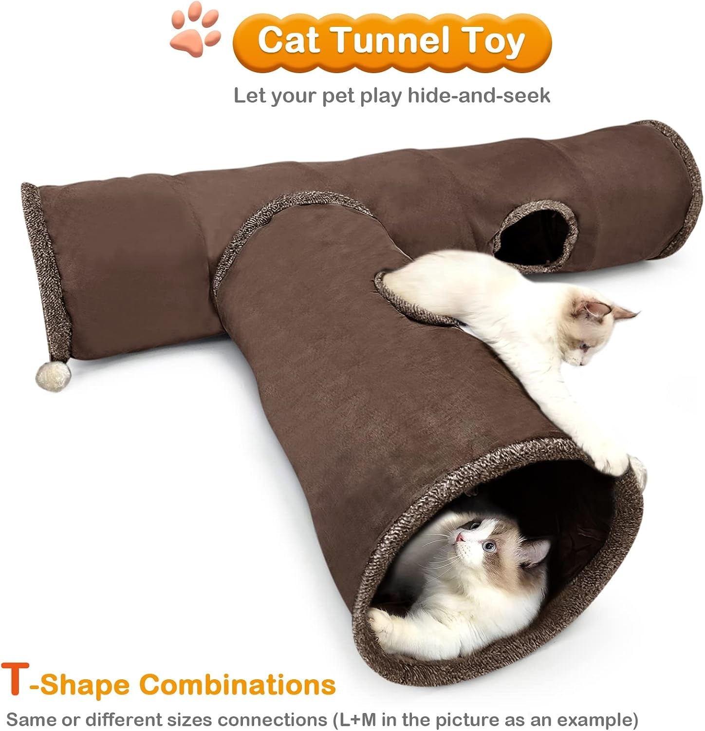Cat Tunnel Toy Kitten Play Tube Collapsible Durable Suede Cats Tunnel Toys with Hanging Plush Ball for Cats Kittens Rabbit Guinea Pig Brown