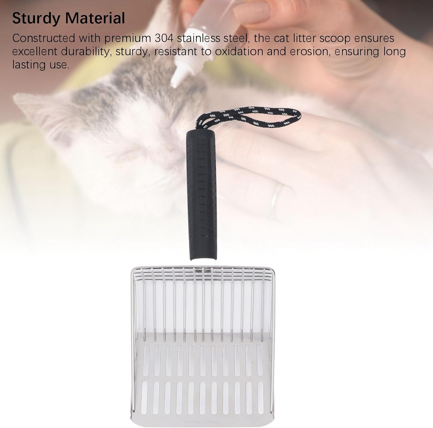 304 Stainless Steel Cat Litter Scoop | Removable Handle & Quick Filtration | Litter Box Scooper for Cats/Gardening/Beach | Sturdy & Non - Tarnishing (Black)