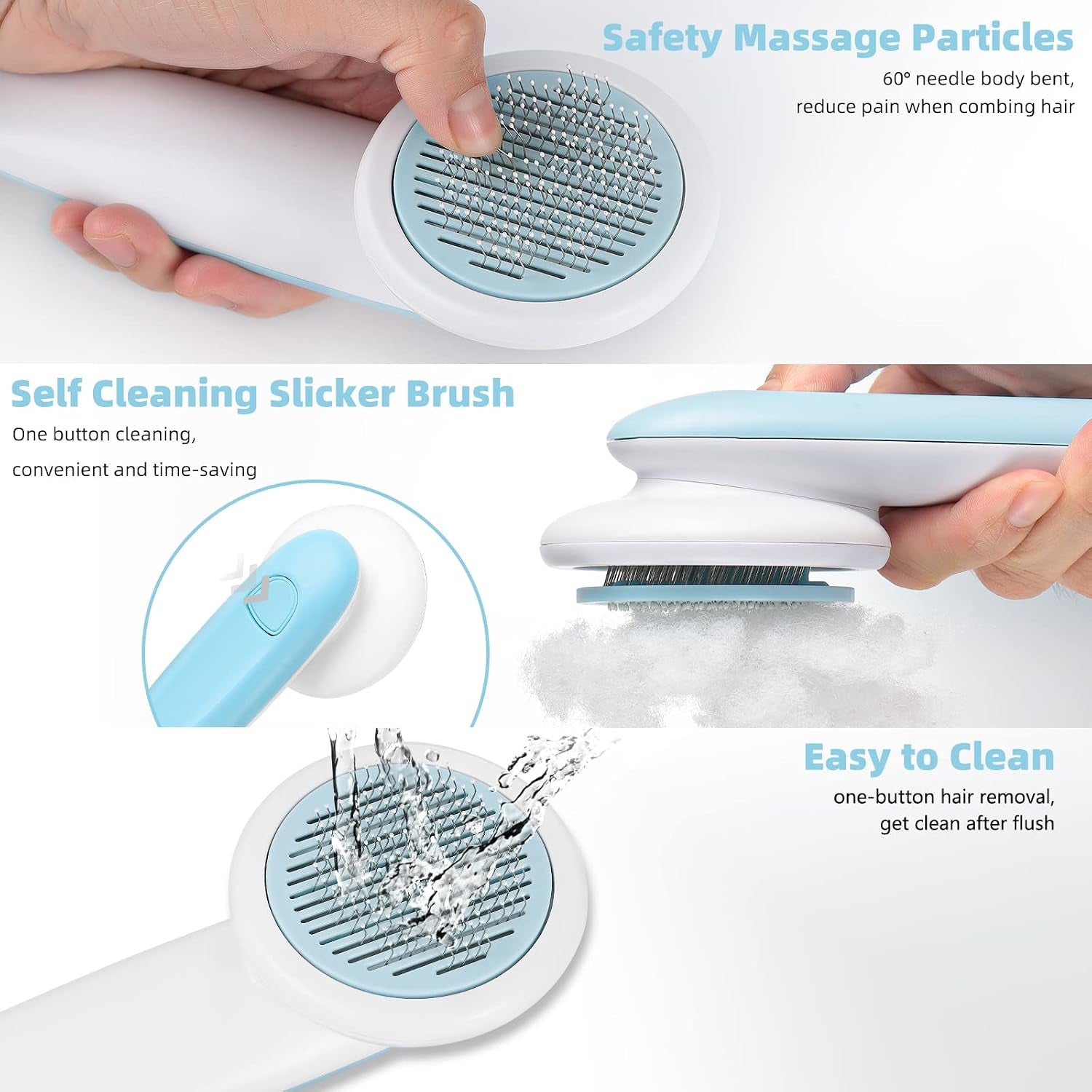 Pet Brush, Dog Brush, Cat Brush, Hair Remover, Pet Brush, Self-Cleaning Slicker Brush, Soft Stainless Steel Bristles, Quickly Remove Matted Hair, Grooming Brush (Blue)