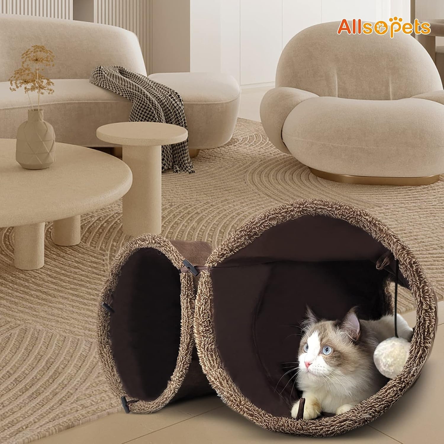 Cat Tunnel Toy Kitten Play Tube Collapsible Durable Suede Cats Tunnel Toys with Hanging Plush Ball for Cats Kittens Rabbit Guinea Pig Brown