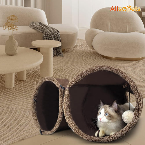 Cat Tunnel Toy Kitten Play Tube Collapsible Durable Suede Cats Tunnel Toys with Hanging Plush Ball for Cats Kittens Rabbit Guinea Pig Brown