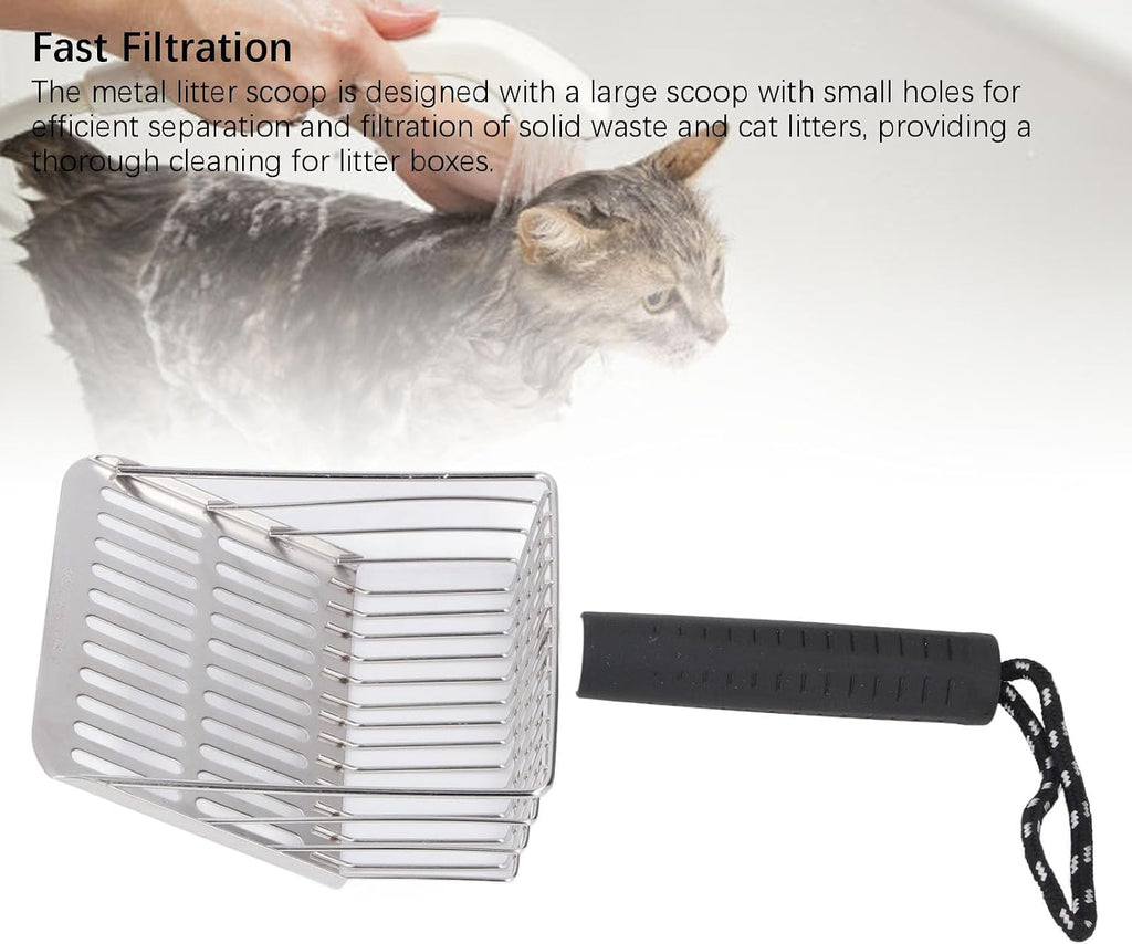 304 Stainless Steel Cat Litter Scoop | Removable Handle & Quick Filtration | Litter Box Scooper for Cats/Gardening/Beach | Sturdy & Non - Tarnishing (Black)