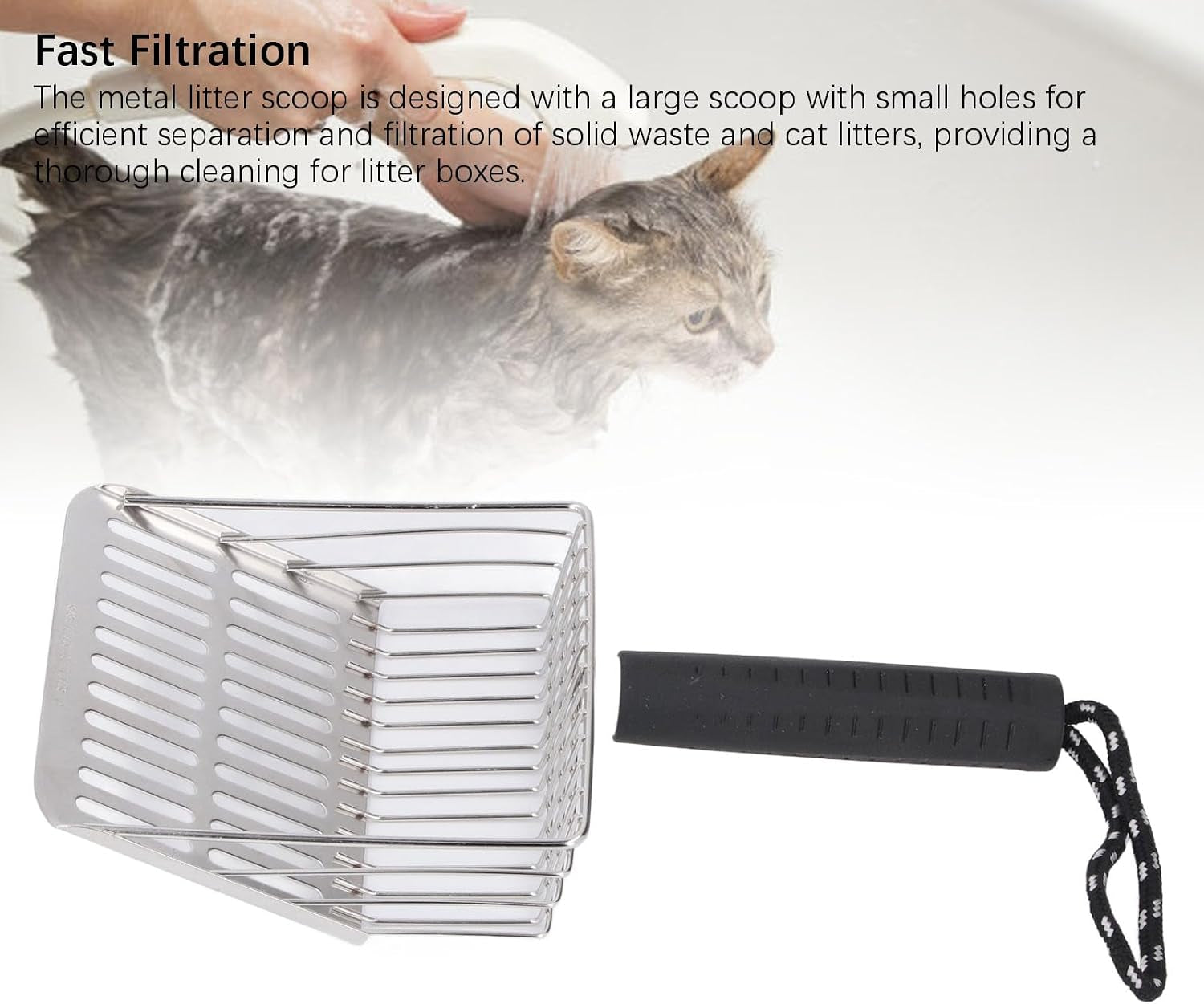 304 Stainless Steel Cat Litter Scoop | Removable Handle & Quick Filtration | Litter Box Scooper for Cats/Gardening/Beach | Sturdy & Non - Tarnishing (Black)
