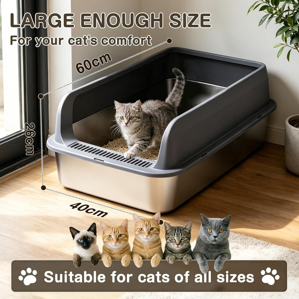 XL Stainless Steel Cat Litter Tray, Extra Large Litter Tray - 60X40X17 Cm | XL Litter Tray for Big Cats, High-Sided, Non-Stick Surface, Includes Litter Scoop