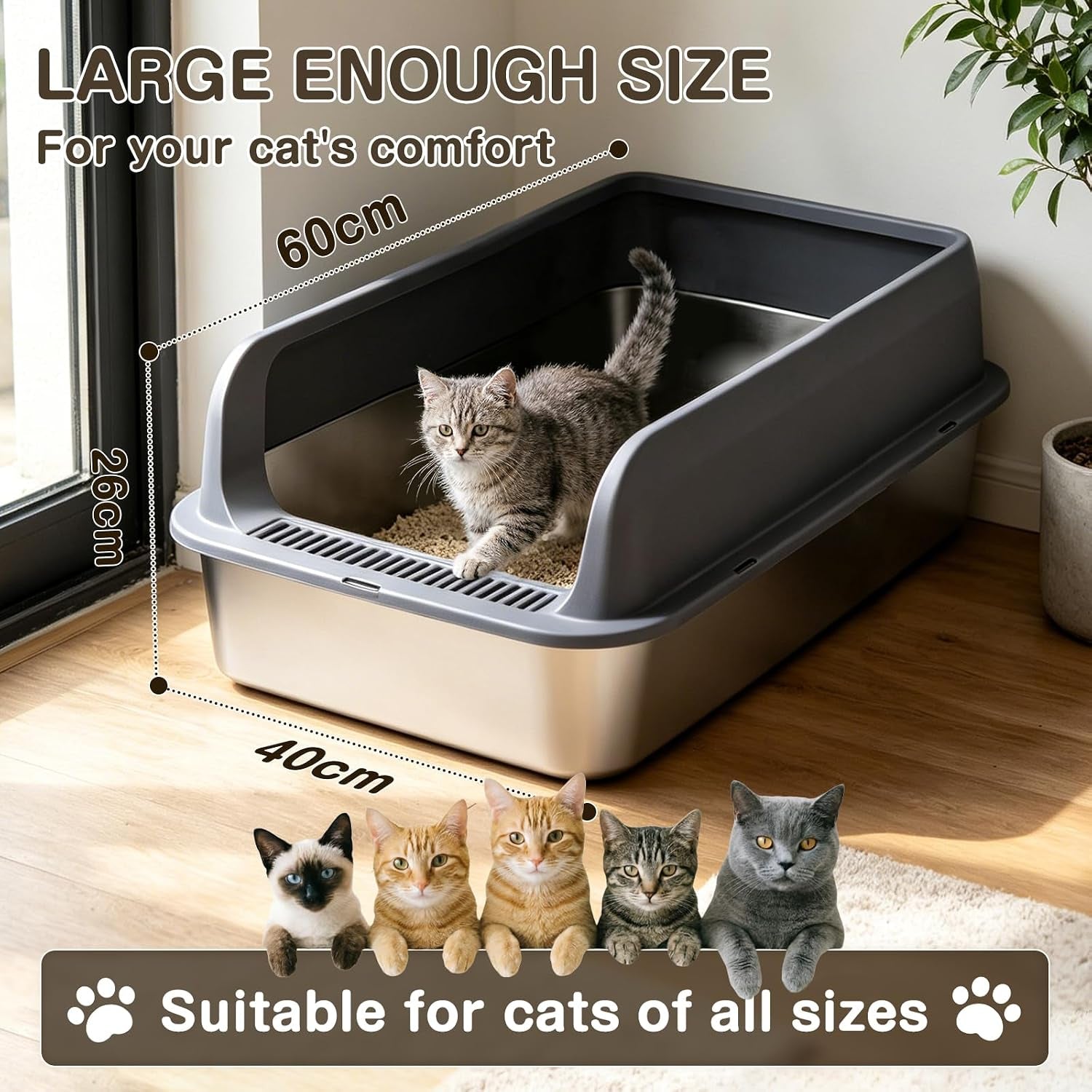 XL Stainless Steel Cat Litter Tray, Extra Large Litter Tray - 60X40X17 Cm | XL Litter Tray for Big Cats, High-Sided, Non-Stick Surface, Includes Litter Scoop