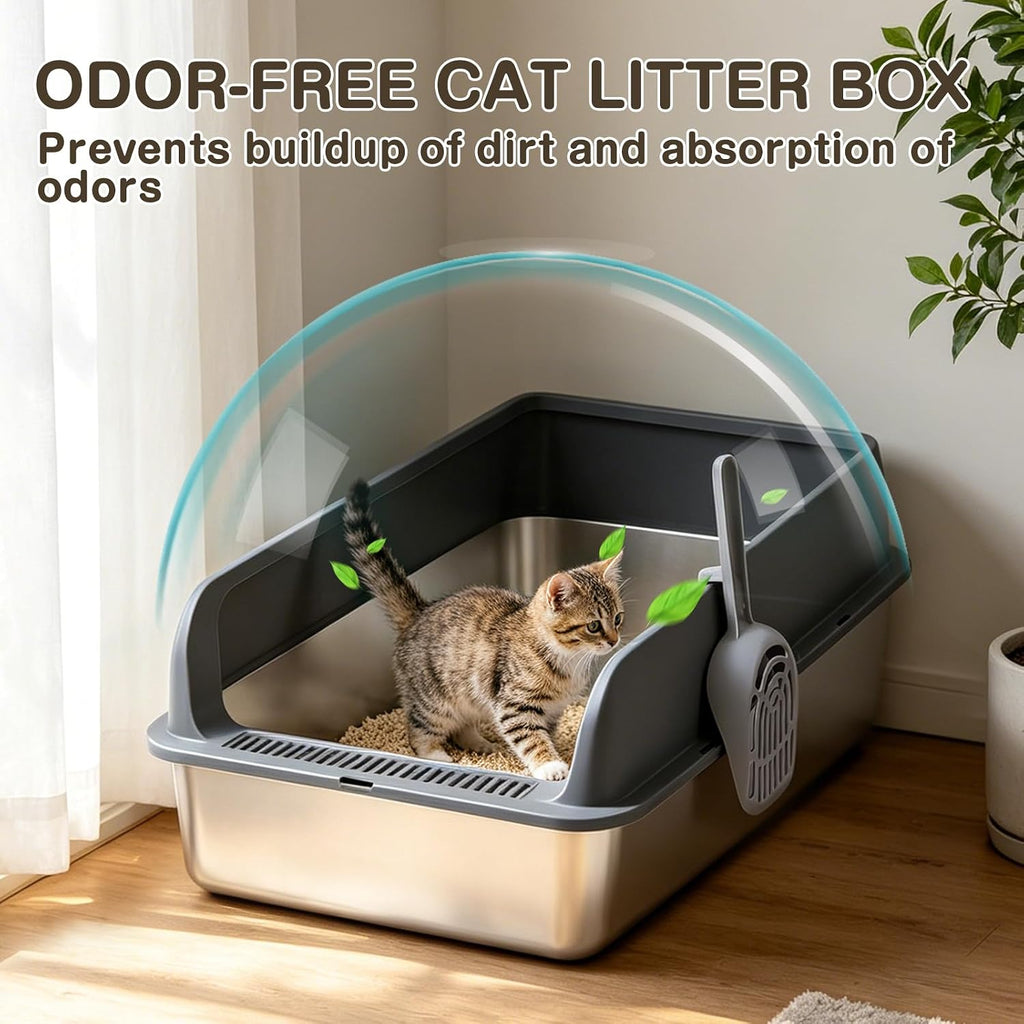 XL Stainless Steel Cat Litter Tray, Extra Large Litter Tray - 60X40X17 Cm | XL Litter Tray for Big Cats, High-Sided, Non-Stick Surface, Includes Litter Scoop