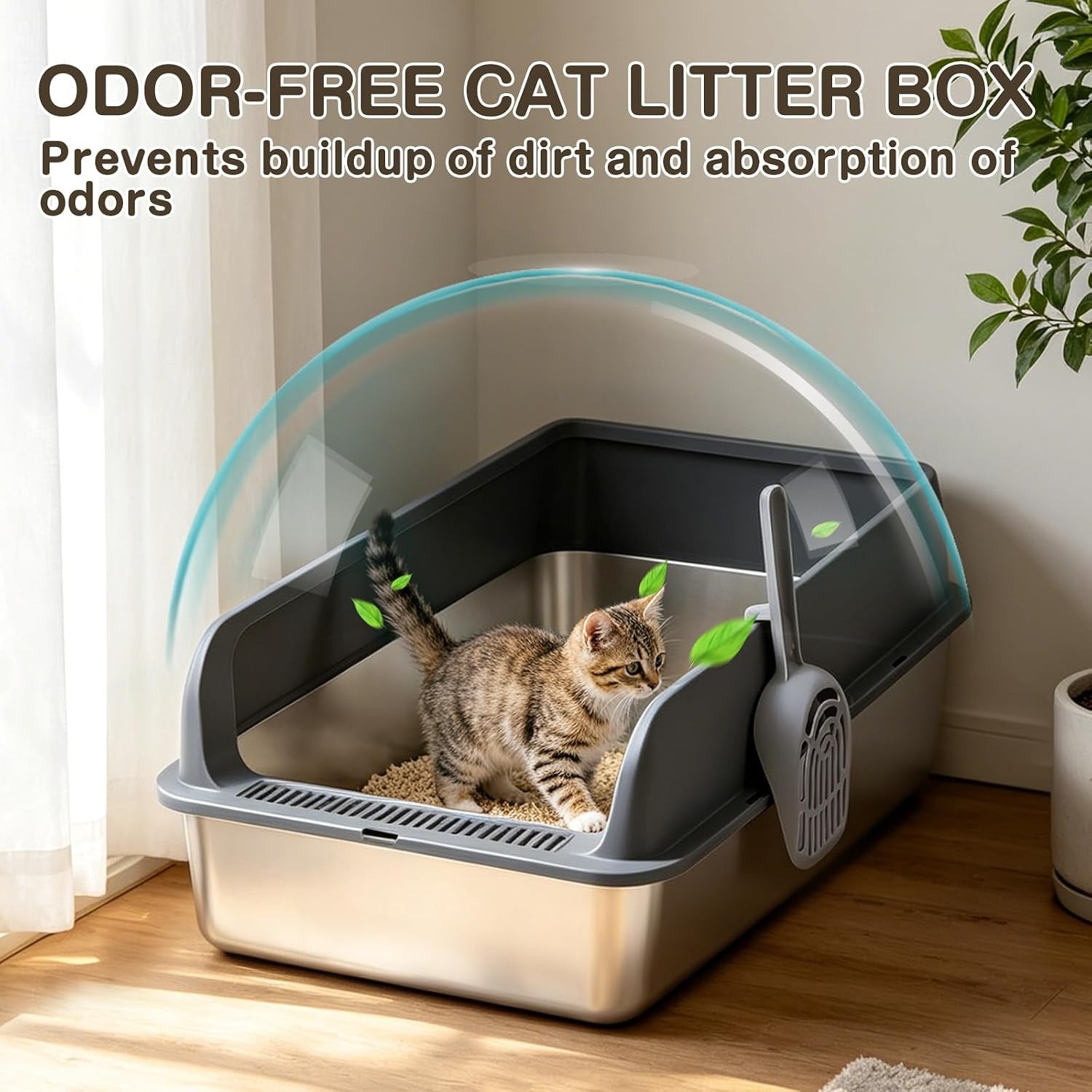 XL Stainless Steel Cat Litter Tray, Extra Large Litter Tray - 60X40X17 Cm | XL Litter Tray for Big Cats, High-Sided, Non-Stick Surface, Includes Litter Scoop