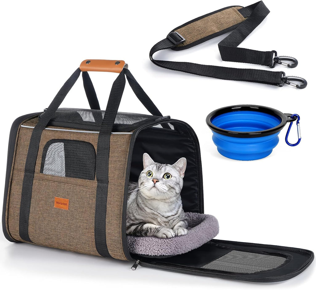 Cat Carrier - Airline Approved, Top Opening Portable Dog Bag with Breathable Mesh/Removable Mat, Adjustable Shoulder Strap & Bowl, Foldable Travel Cage, M, Brown (Max 7Kg)