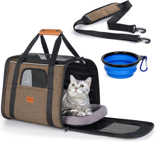 Cat Carrier - Airline Approved, Top Opening Portable Dog Bag with Breathable Mesh/Removable Mat, Adjustable Shoulder Strap & Bowl, Foldable Travel Cage, M, Brown (Max 7Kg)
